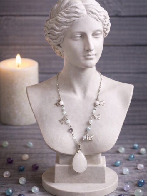 CHAINE ET PENDENTIF PIERRES NATURELLES AIGUE-MARINE ET CRISTAL DE ROCHE LAITEUX