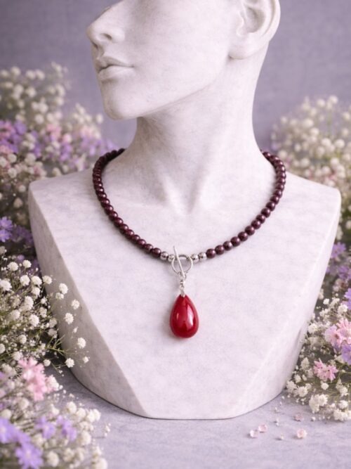 COLLIER RAS LE COU PIERRES NATURELLES GRENAT ET PENDENTIF CORNALINE