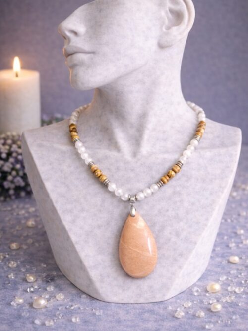 COLLIER PIERRES NATURELLES JASPE PAYSAGE ET JADE BLANC + PENDENTIF PIERRE DE SOLEIL