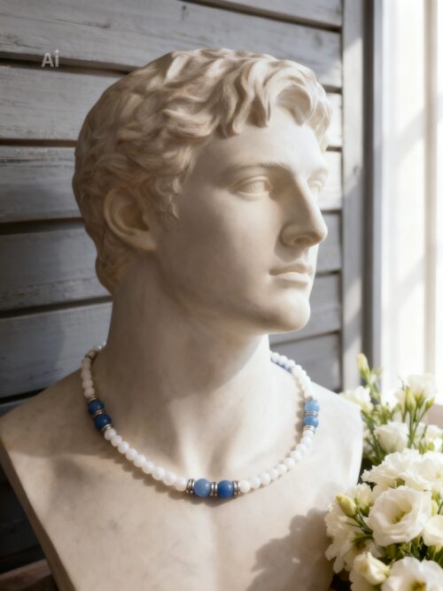 COLLIER PIERRES NATURELLES NACRE ET AVENTURINE BLEUE (modèle homme)