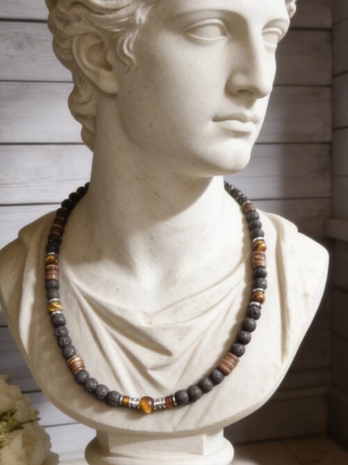 COLLIER PIERRES NATURELLES PIERRE DE LAVE ET OEIL DE TIGRE (modèle homme)