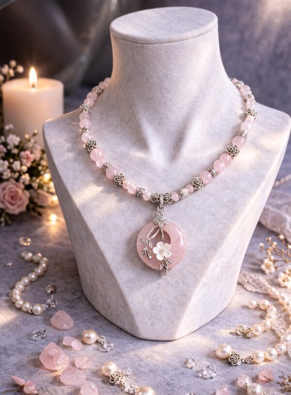 COLLIER PIERRES NATURELLES QUARTZ ROSE ET PENDENTIF