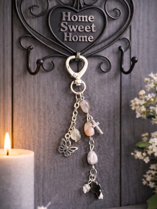 PORTE-CLES PIERRES NATURELLES AGATE BOSTWANA ET CROIX ONYX