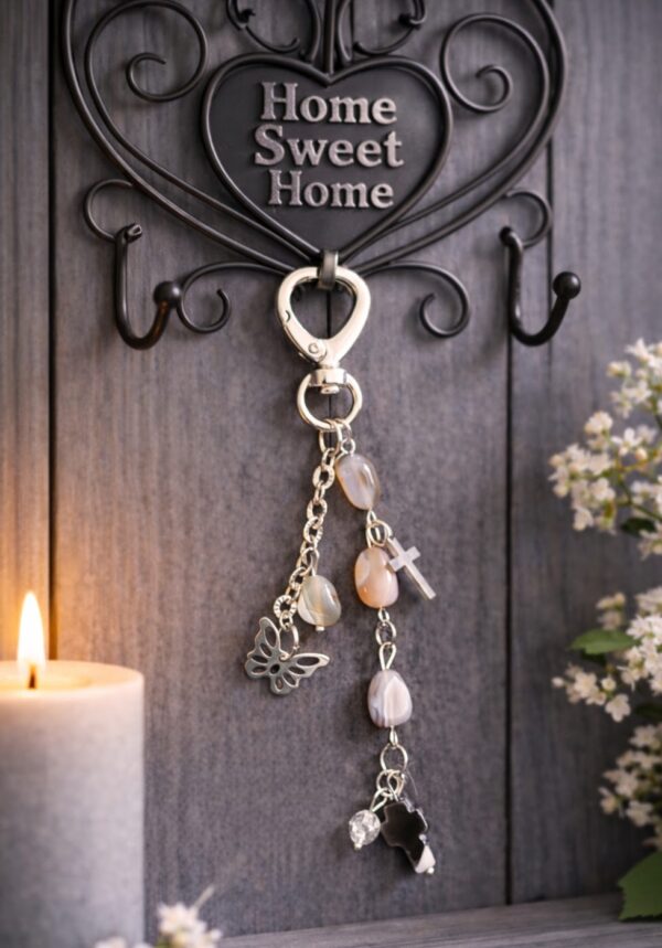 PORTE-CLES PIERRES NATURELLES AGATE BOSTWANA ET CROIX ONYX