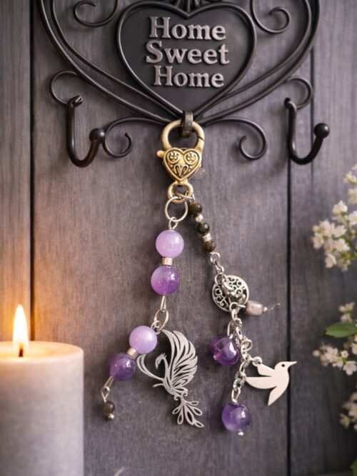 PORTE-CLES PIERRES NATURELLES AMETHYSTE ET OBSIDIENNE OEIL CELESTE ARGENTE