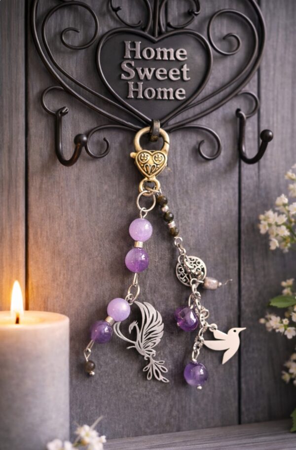 PORTE-CLES PIERRES NATURELLES AMETHYSTE ET OBSIDIENNE OEIL CELESTE ARGENTE