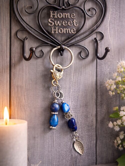 PORTE-CLES PIERRES NATURELLES LAPIS LAZULI + PLUME