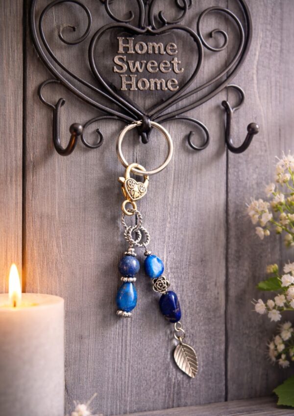 PORTE-CLES PIERRES NATURELLES LAPIS LAZULI + PLUME