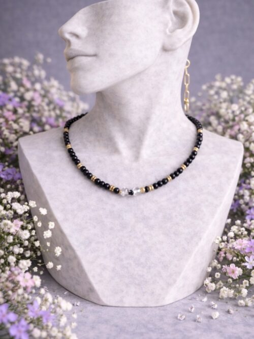 COLLIER PIERRES NATURELLES ONYX ET CRISTAL DE ROCHE