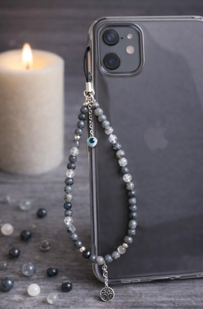 Bijou de téléphone Larvikite et Cristal de roche véritable